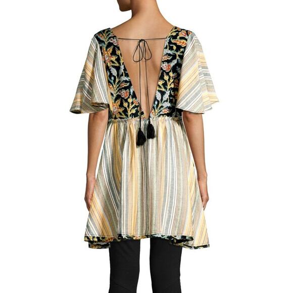 Free People Under The Sun Tunic Size Small Boho Flutter Sleeve Patchwork Top - Picture 2 of 12